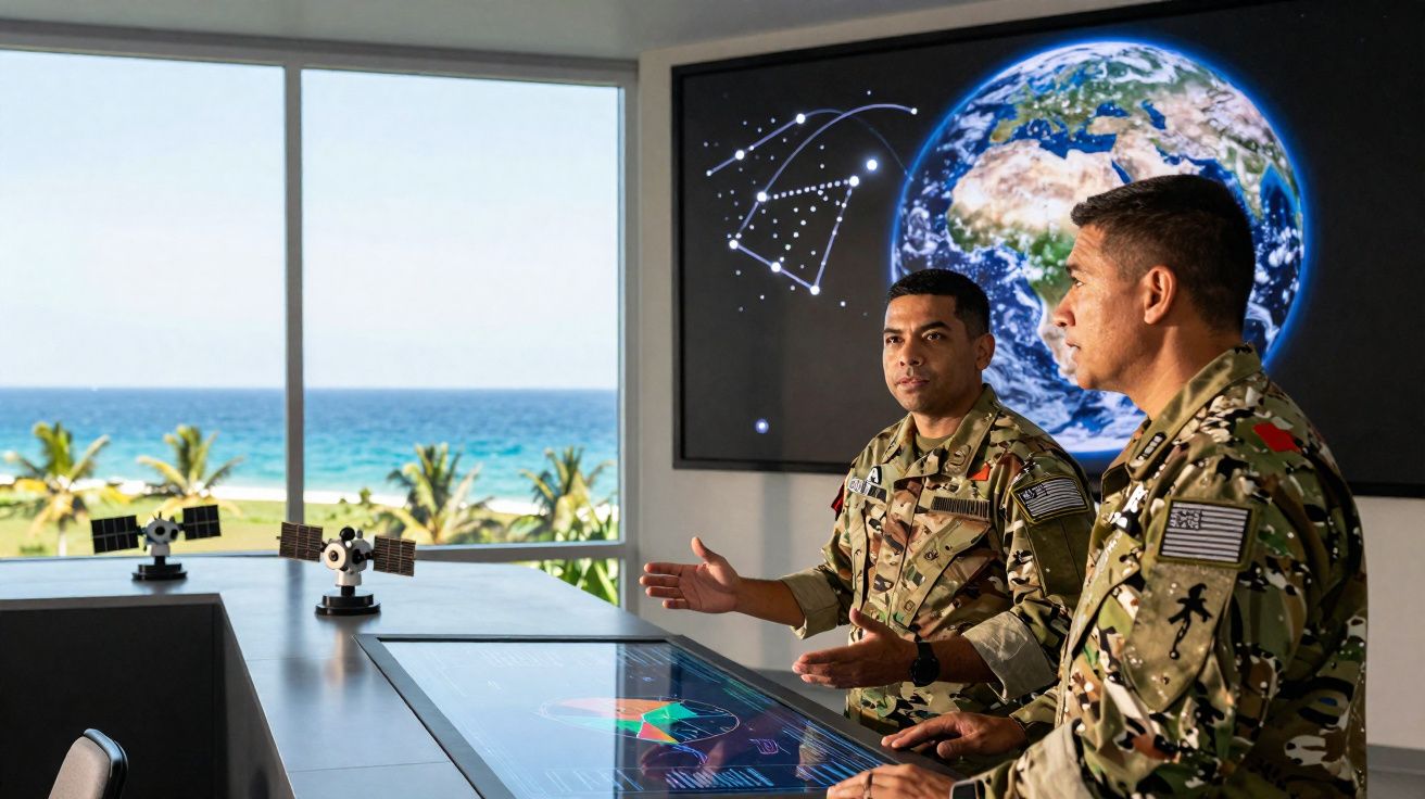 Dois militares em uniforme camuflado analisam dados em mesa digital com vista para o mar e plantas tropicais.