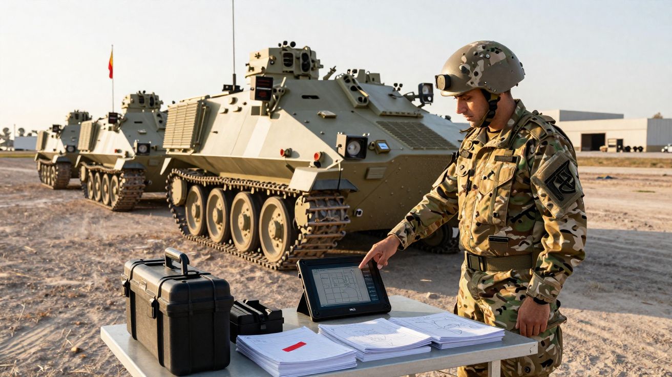 Soldado em uniforme camuflado usando um tablet junto a documentos e veículos militares blindados num terreno árido.