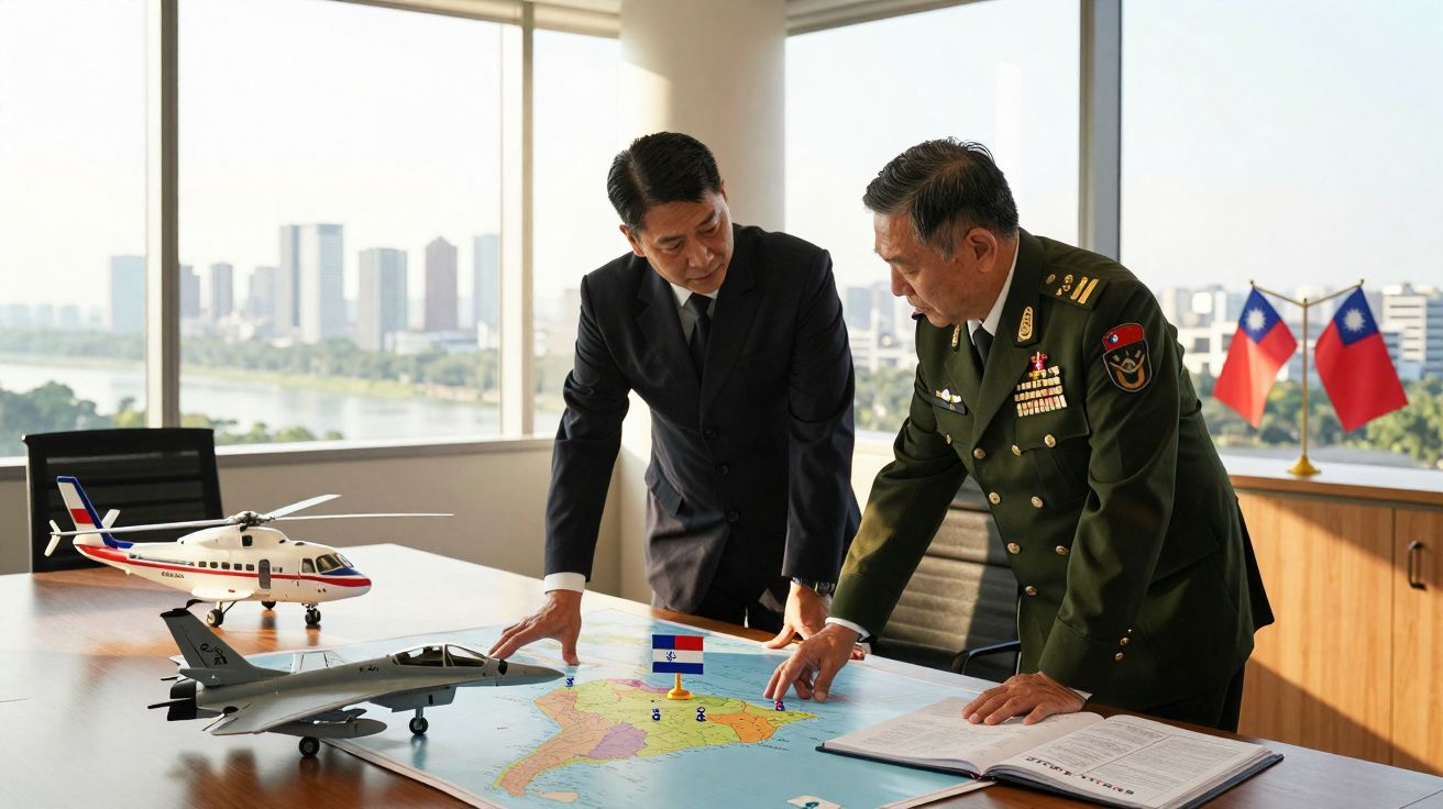 Dois homens, um em fato e outro em uniforme militar, analisam mapa com miniaturas de avião e helicóptero numa sala com vista 