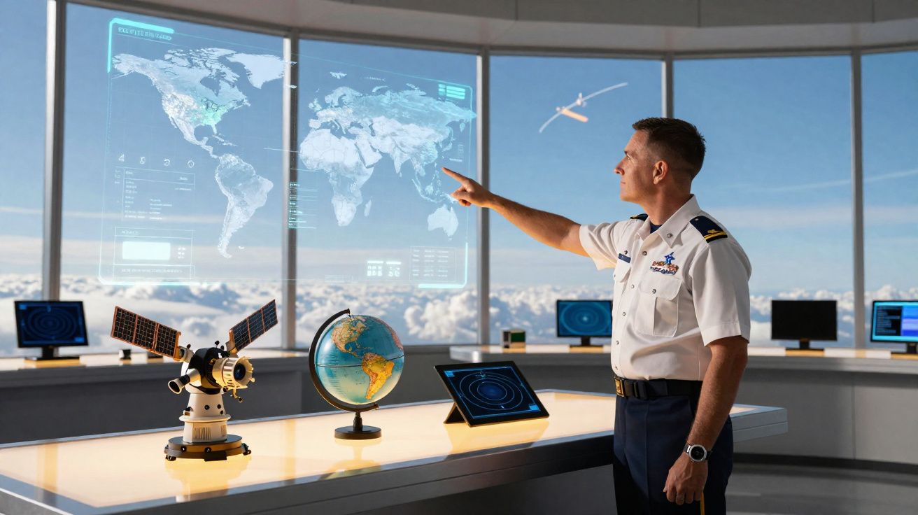 Militar numa torre de controlo com mapas digitais e equipamentos de navegação visualizando o espaço aéreo.