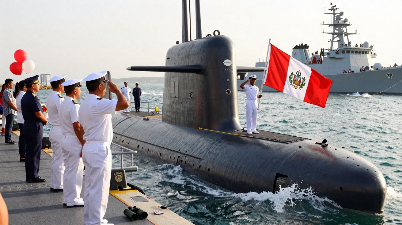 Marinheiros da marinha junto a submarino com bandeira do Peru e navio ao fundo no porto.