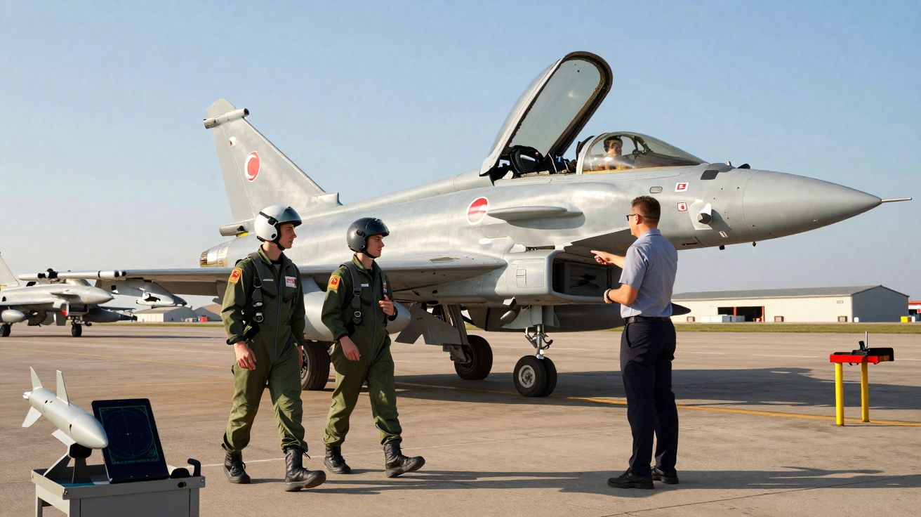 Pilotos militares e instrutor junto a caças militares estacionados em pista de aeroporto sob céu limpo.