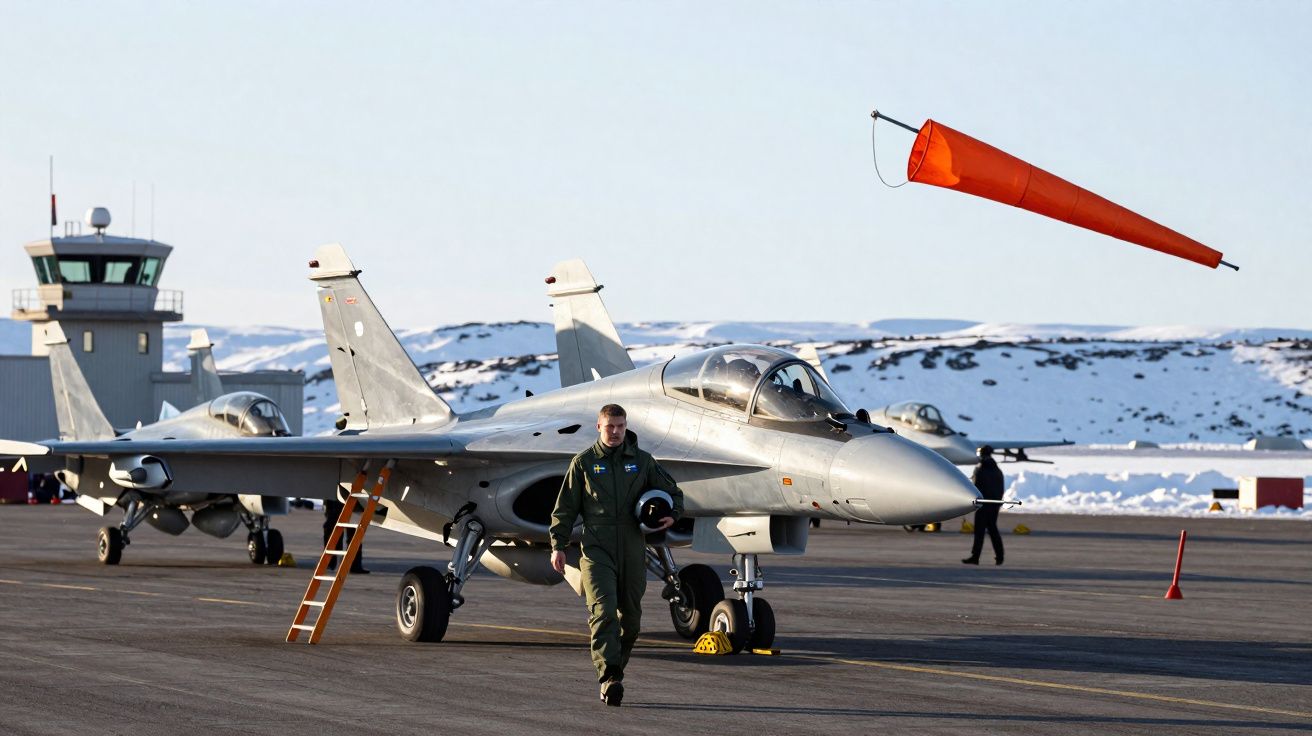 Piloto em fato verde caminha ao lado de jato militar estacionado numa pista com neve e torre de controlo ao fundo.
