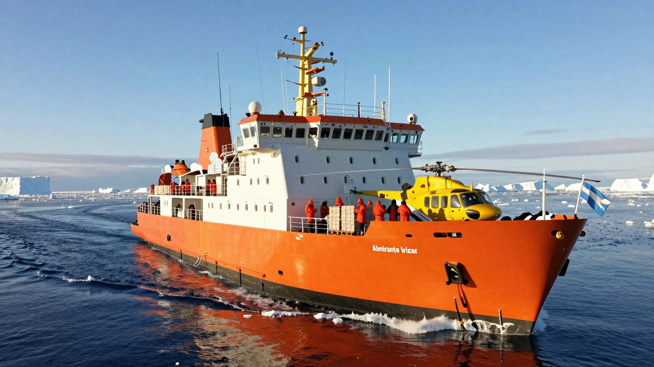 Navio de exploração polar laranja com helicóptero amarelo no convés navegando em águas geladas com icebergues ao fundo.