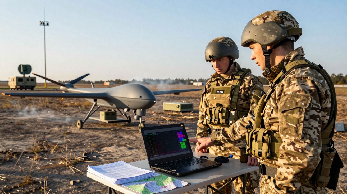 Dois soldados em uniforme camuflado operam um drone militar cinzento, com computador portátil sobre mesa ao ar livre.