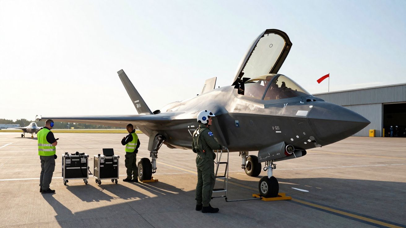 Caça F-35 estacionado na pista com três técnicos em volta numa base aérea sob céu limpo.