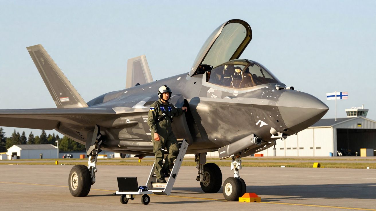 Piloto saindo de caça F-35 estacionado numa pista com hangar e bandeira da Finlândia ao fundo.