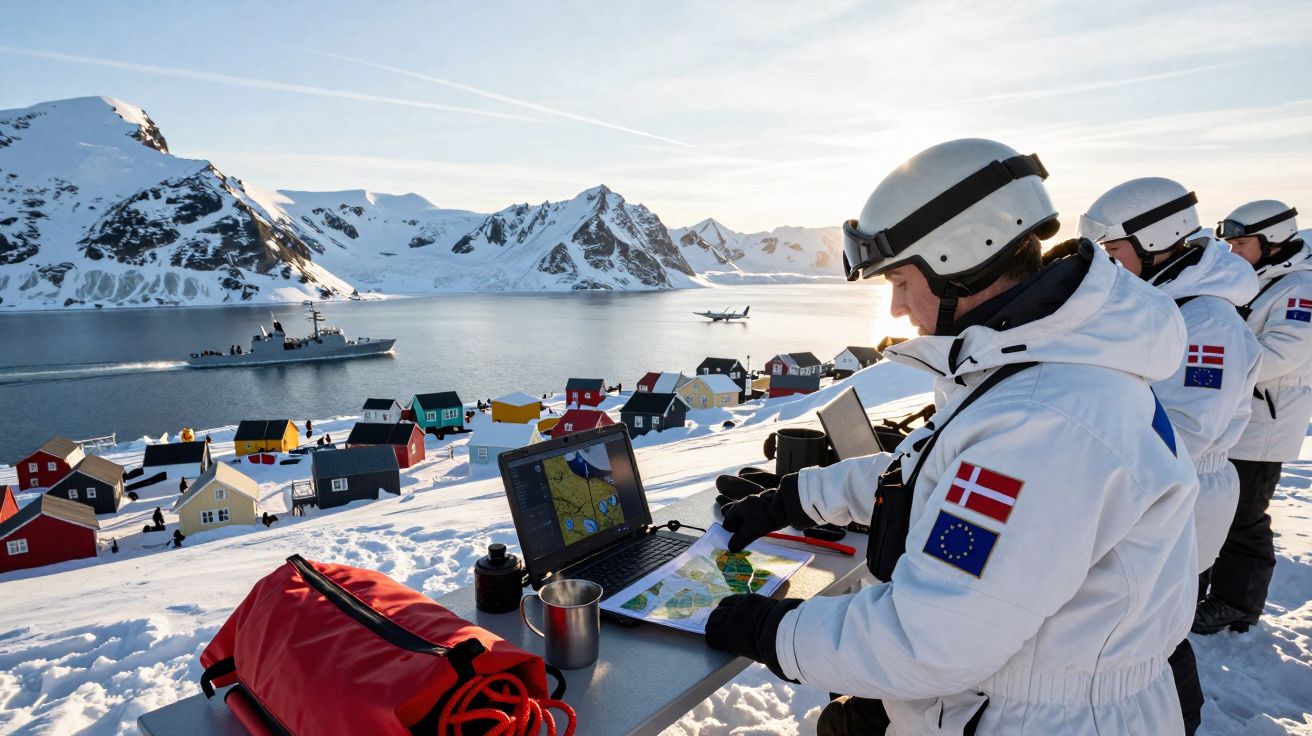 Três pessoas em roupa de neve branca planeiam em laptop e mapa junto a casas coloridas, montanhas e mar com navio e avião.