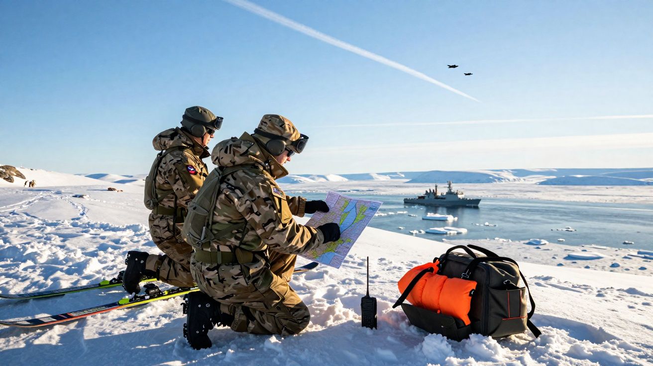 Dois soldados em uniformes camuflados em montanhas de neve analisam um mapa, com navio e dois aviões ao fundo.