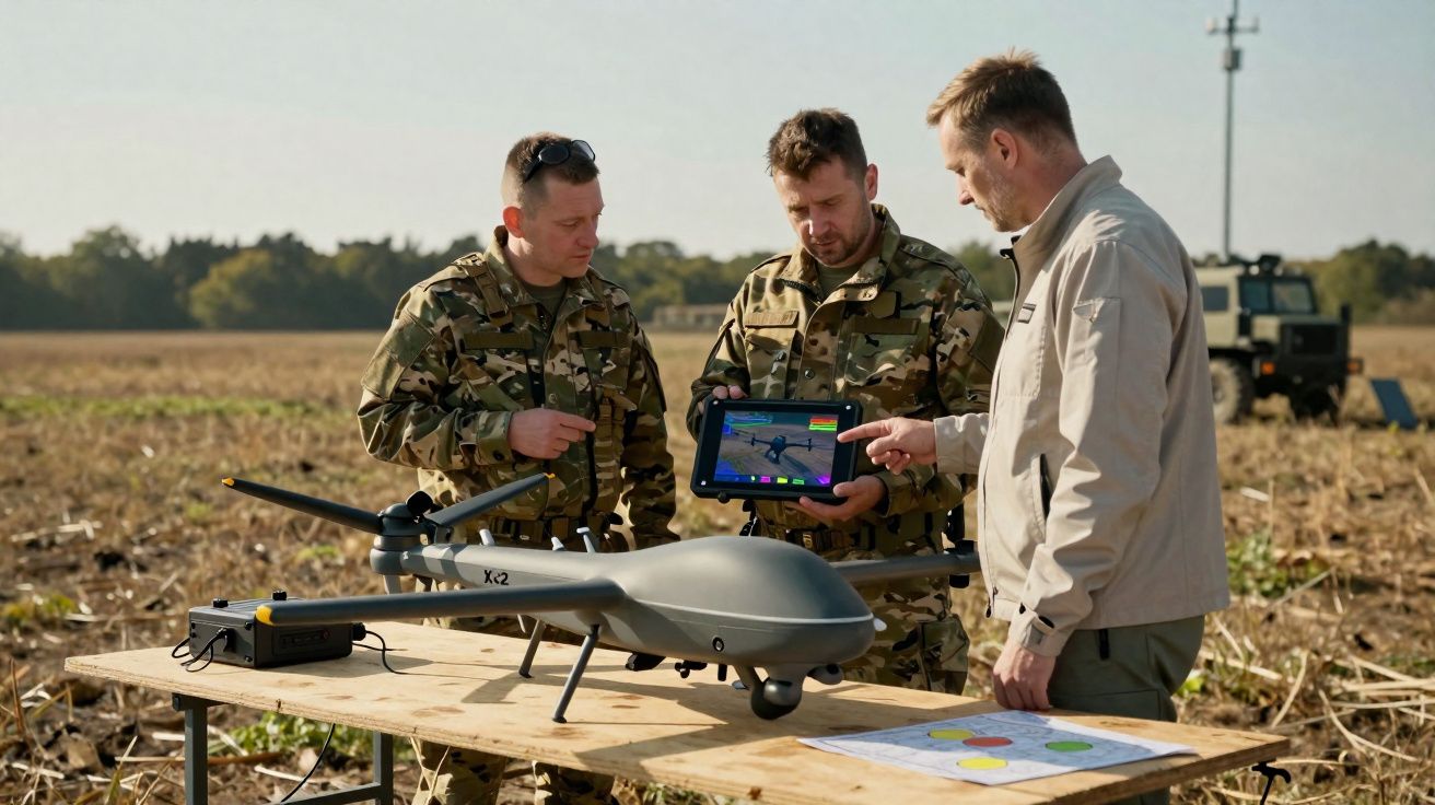 Dois militares e um civil analisam dados num tablet ao lado de um drone sobre uma mesa numa área rural.