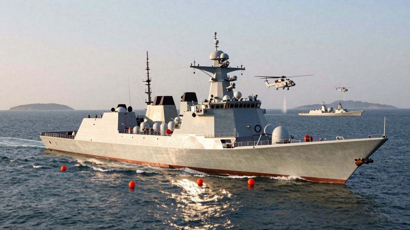 Fragata militar cinzenta a navegar no mar com um helicóptero de combate voando ao lado e outra embarcação mais distante.