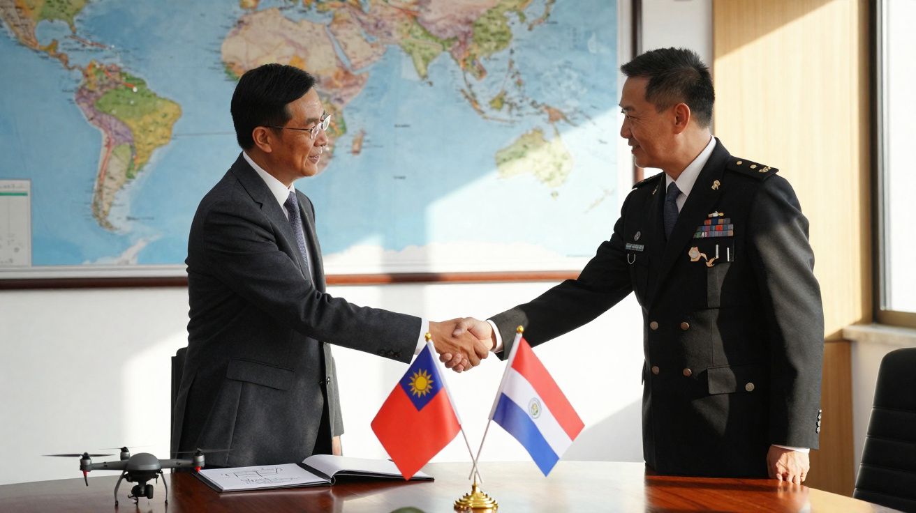 Dois homens a apertar as mãos em escritório com bandeiras de Taiwan e Paraguai e mapa mundial ao fundo.