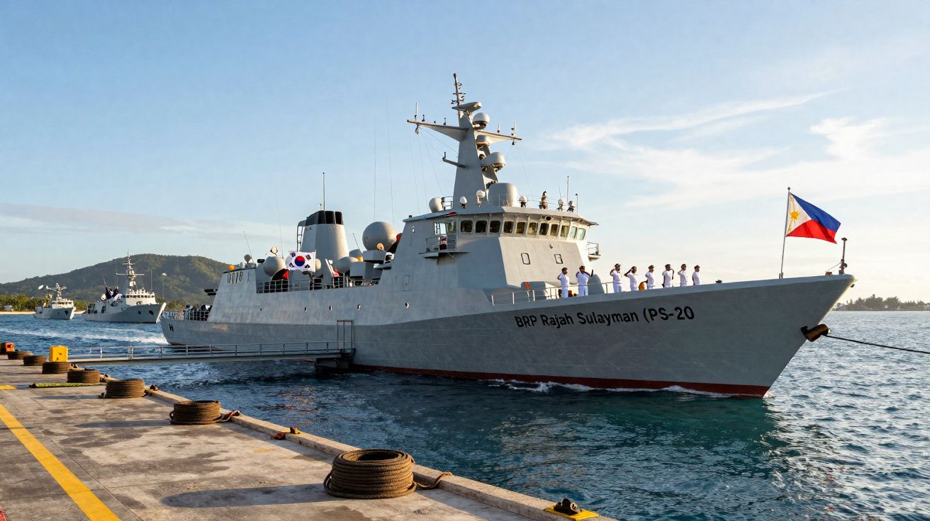Navio militar BRP Rajah Sulayman atracado, com tripulação em uniformes brancos e bandeira das Filipinas hasteada.
