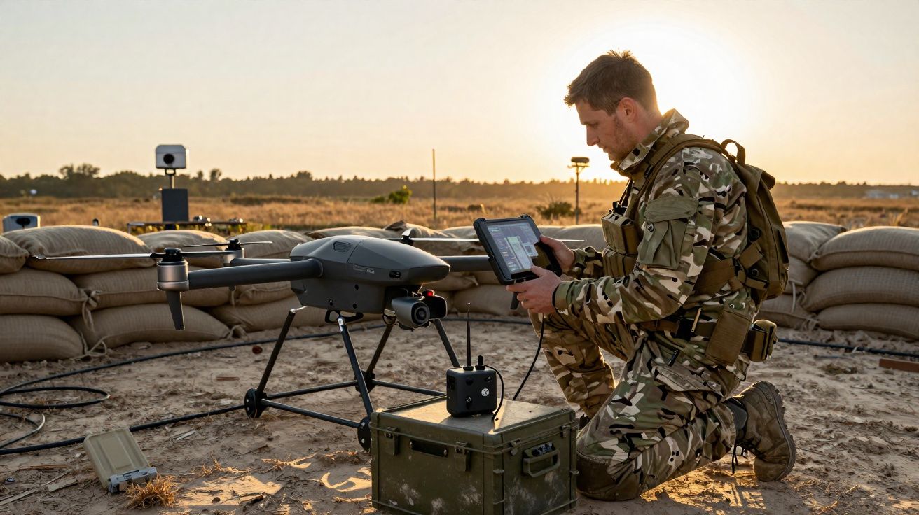 Soldado em uniforme camuflado operando um drone preto num ambiente ao ar livre ao pôr do sol.