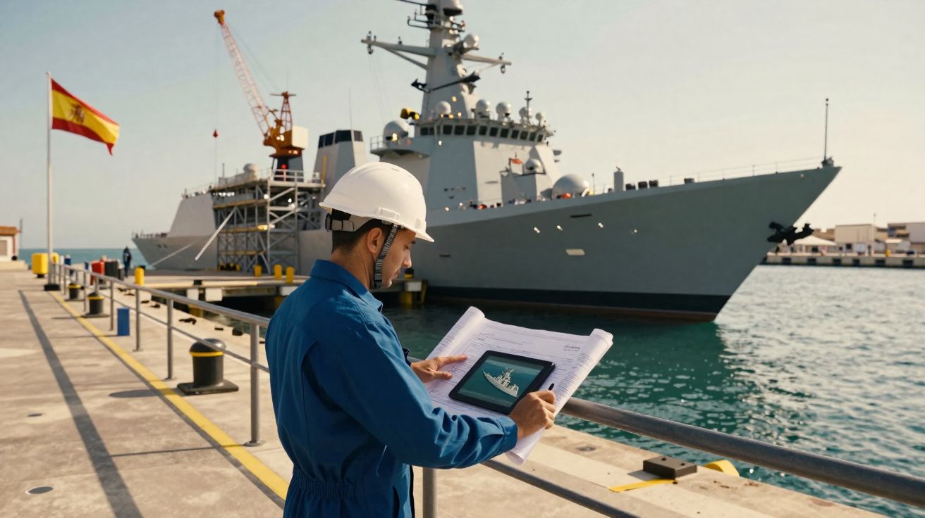 Homem de capacete e macacão azul verifica planta junto a doca com navio militar ancorado.
