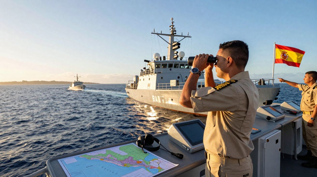 Marinheiros na ponte de um navio patrulha com binóculos e bandeira espanhola ao pôr do sol no mar.