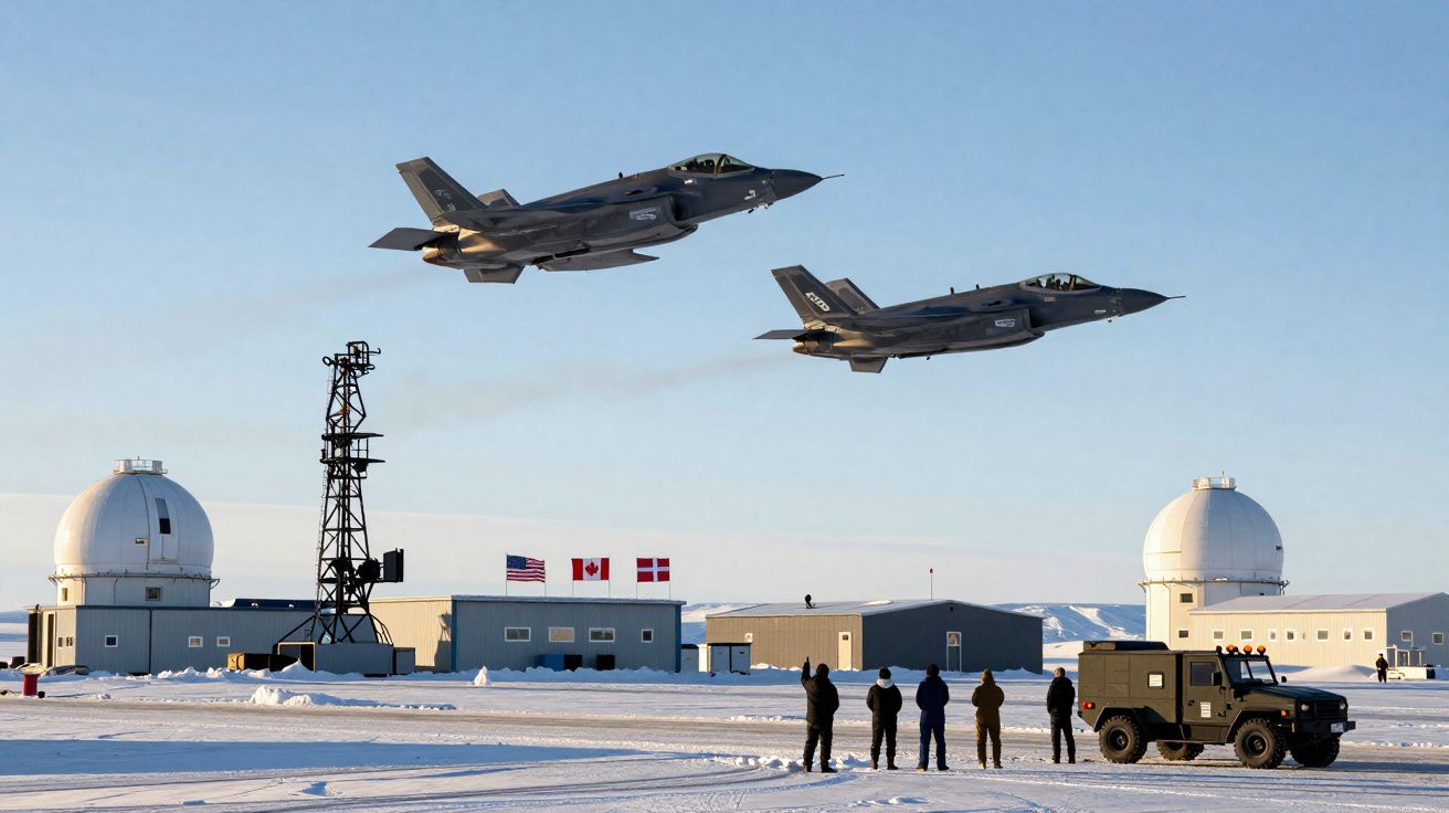 Dois caças F-35 voam sobre base militar ártica com pessoas a observar na neve.