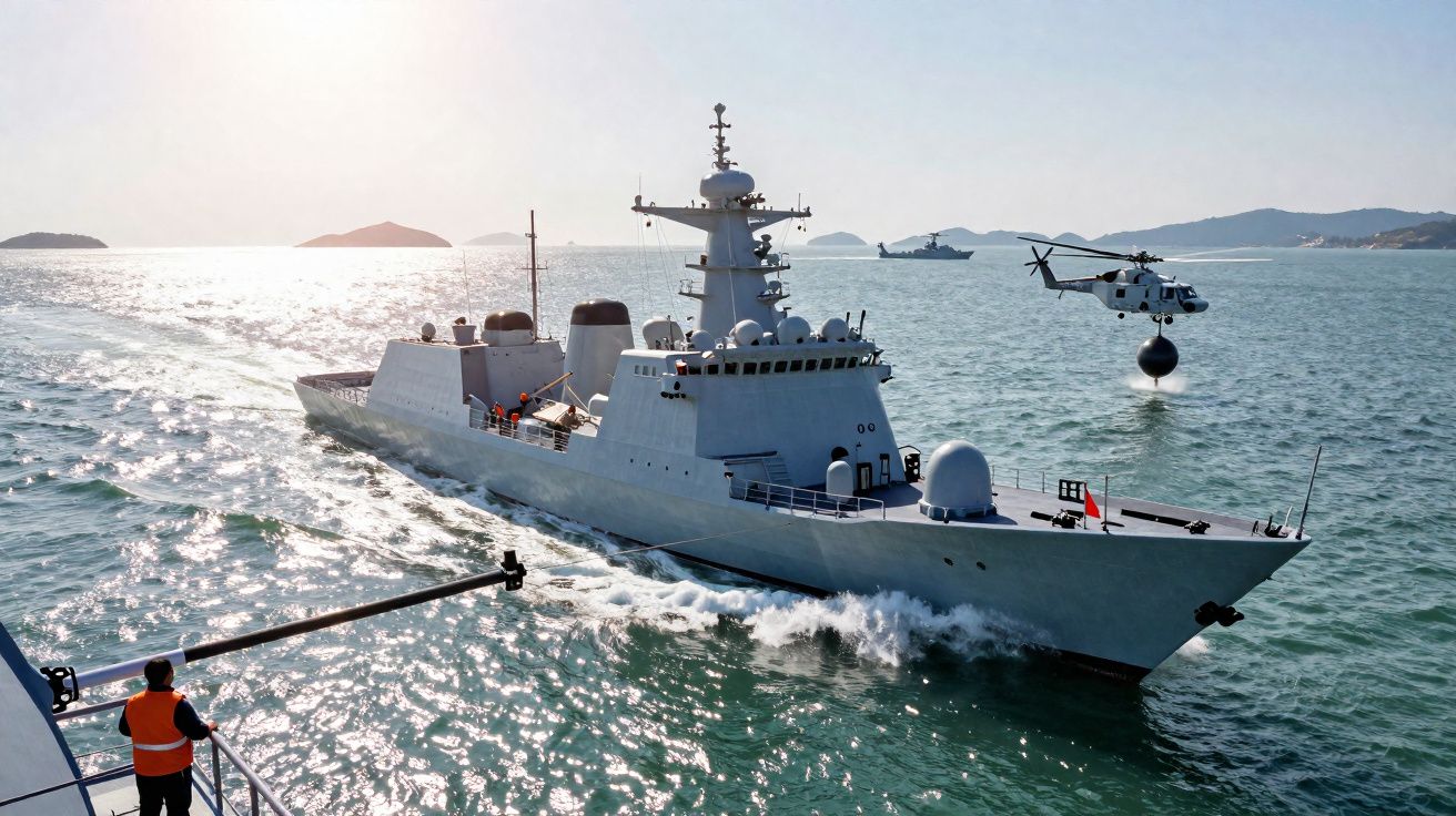 Fragata militar em água calma durante operação com helicóptero e tripulante a bordo de outra embarcação.