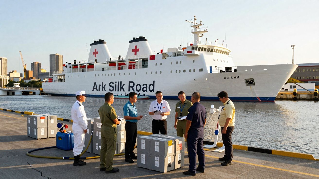 Navio hospital Ark Silk Road ancorado num cais com sete homens ao lado de caixas e equipamentos.