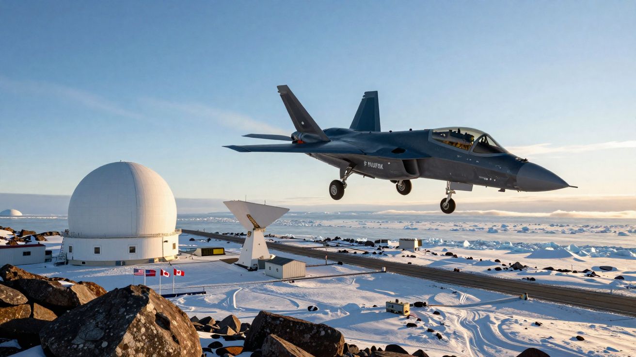 Avião militar a voar baixo sobre base polar coberta de neve com estruturas científicas e antenas.