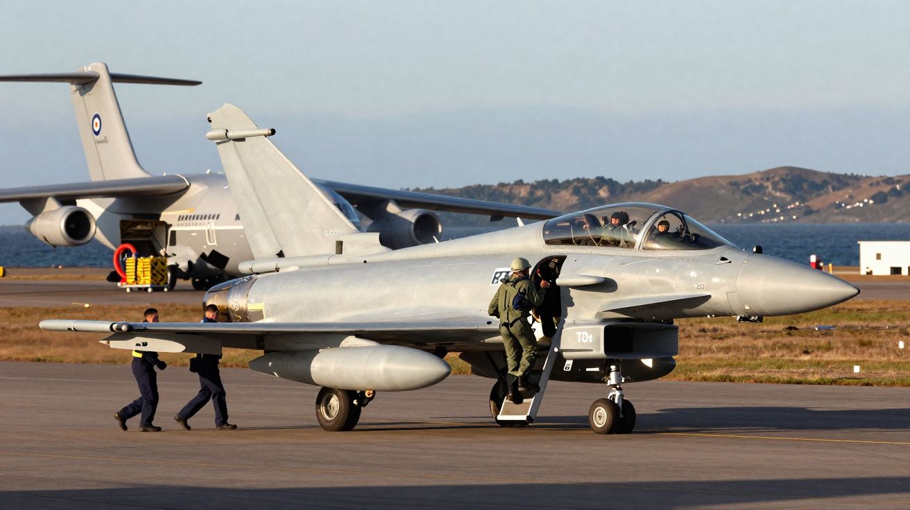 Caça militar cinza com piloto e dois militares a bordo na pista de um aeroporto com avião de transporte ao fundo.