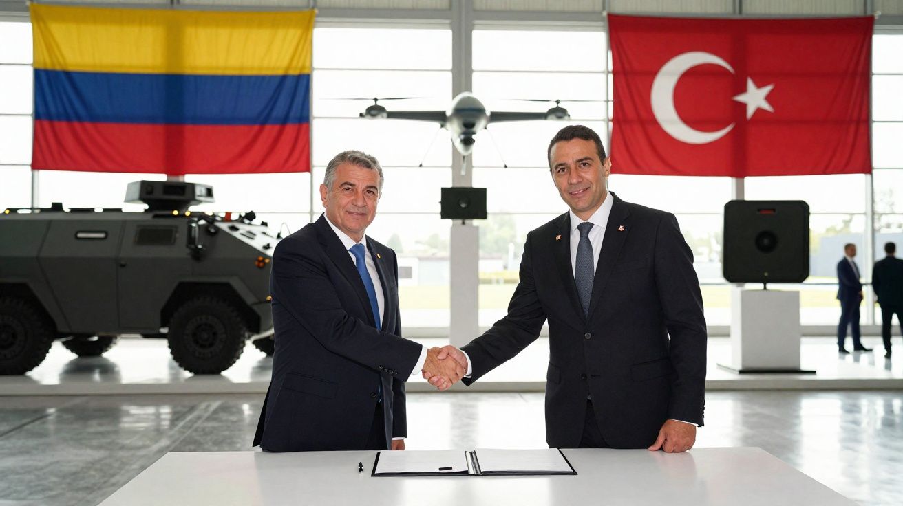 Dois homens de fato apertam as mãos em frente às bandeiras da Colômbia e Turquia, com carro militar ao fundo.