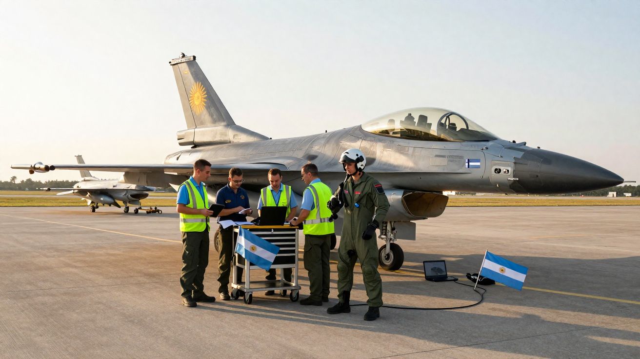 Militares argentinos junto a um caça F-16 numa pista de aeroporto durante uma operação.