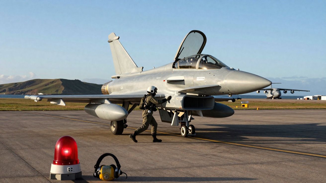 Caça militar estacionado na pista com piloto em preparação e luz vermelha de sinalização junto.
