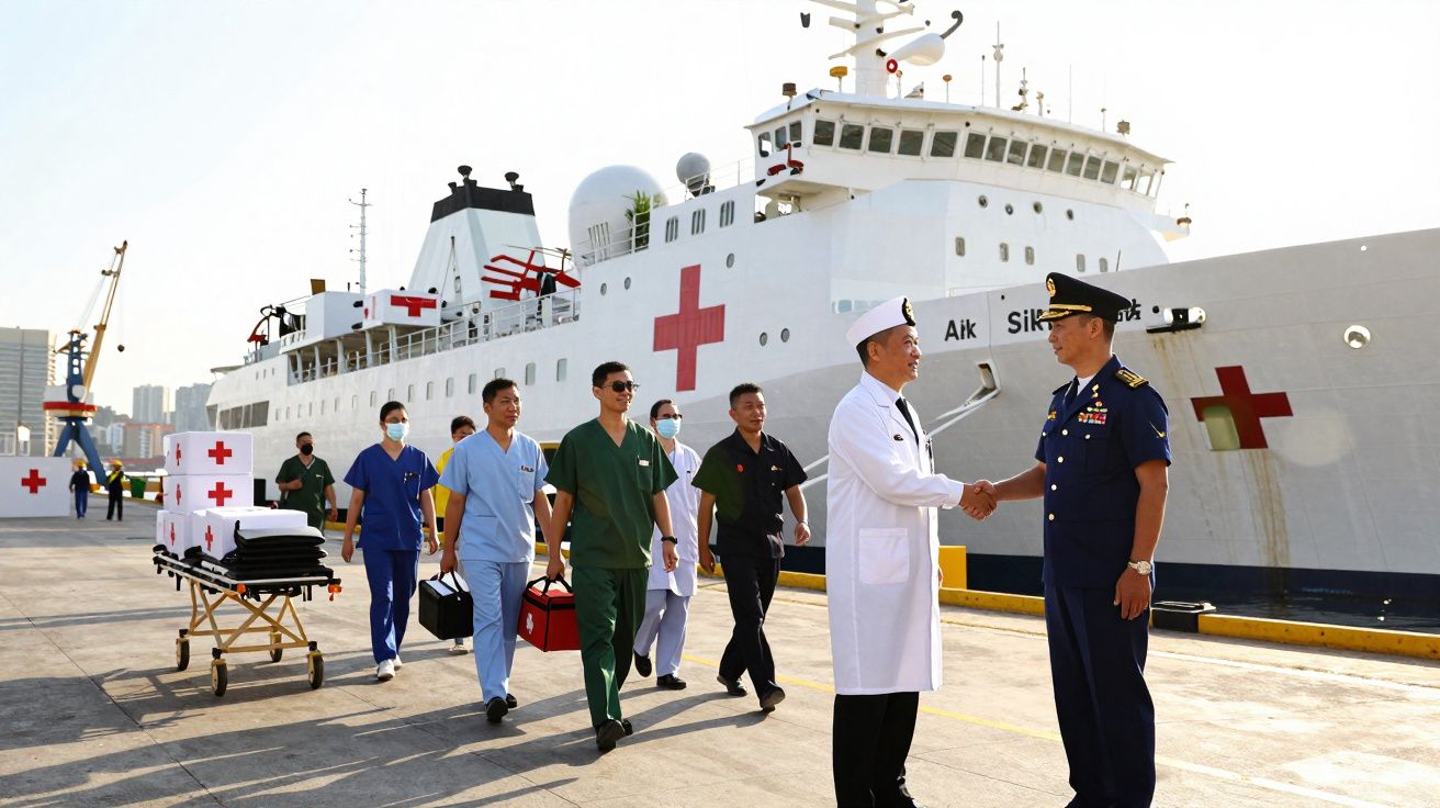 Equipa médica em roupa cirúrgica caminha em cais junto a navio hospital com cruz vermelha, oficiais cumprimentam-se.