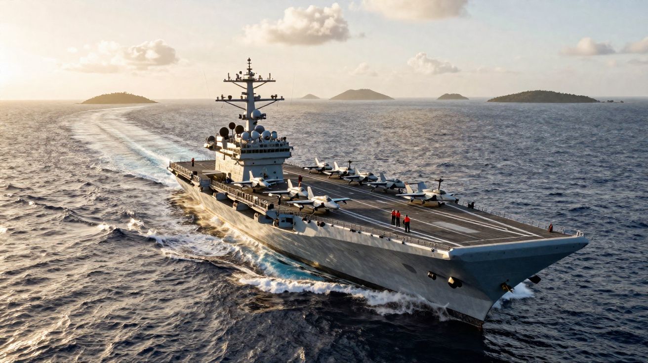 Porta-aviões a navegar no mar com vários aviões estacionados em sua pista e três pessoas a bordo.