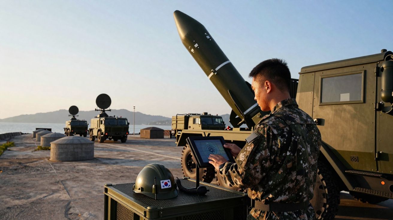 Soldado sul-coreano com uniforme camuflado opera tablet junto a míssil e veículos militares ao ar livre.