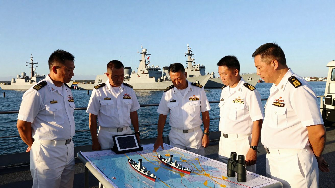 Cinco oficiais navais em uniforme branco analisam um mapa com modelos de navios e binóculos à beira-mar.