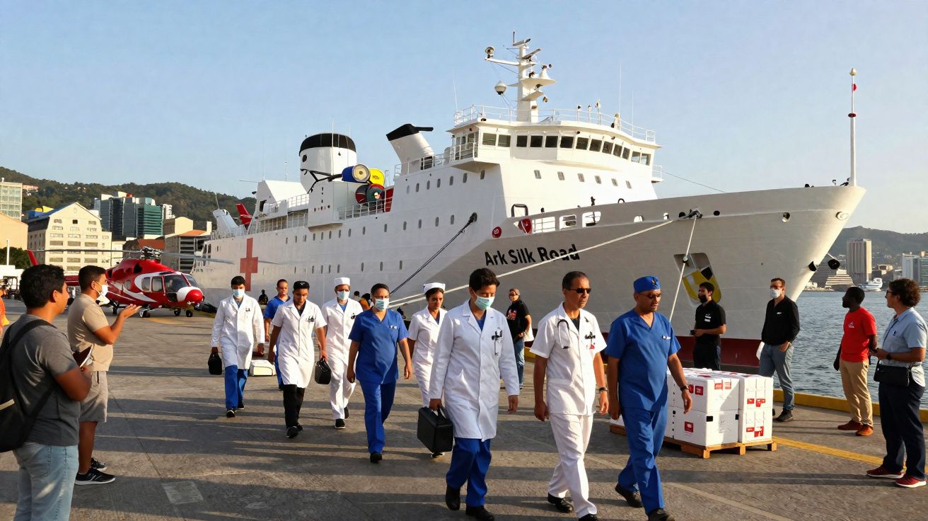 Equipa médica a operar perto de navio hospital Ark Silk Road atracado num porto com helicóptero vermelho próximo.