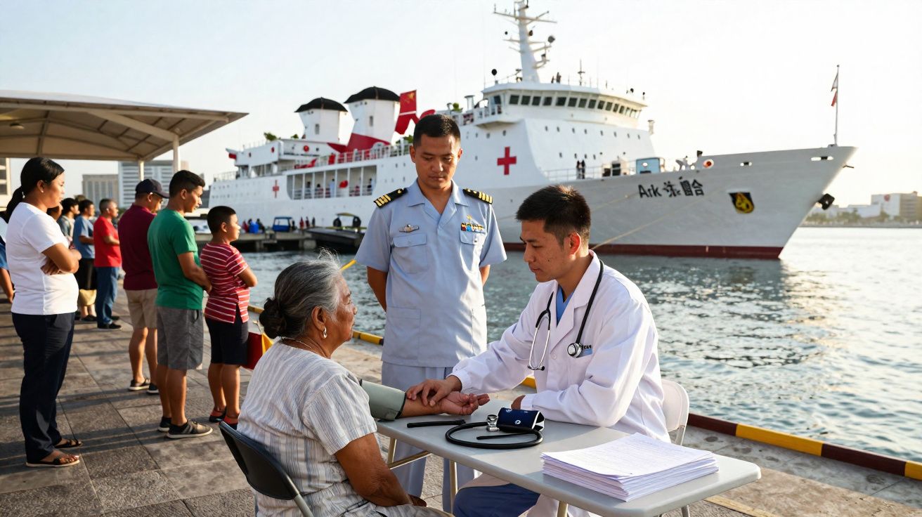 Médico mede pressão de idosa numa consulta ao ar livre perto de navio-hospital atracado no cais.