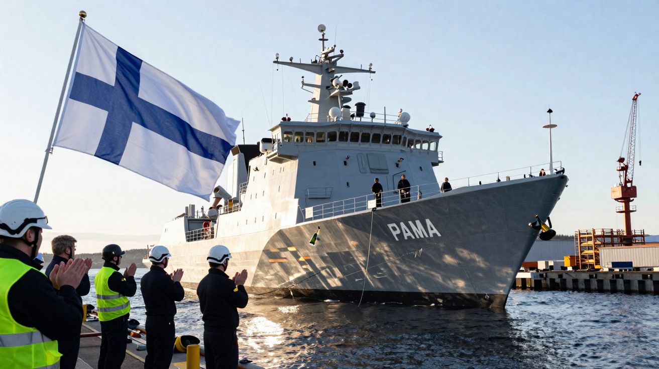 Navio militar finlandês PAMA atracado, com tripulação a aplaudir na doca e bandeira da Finlândia hasteada.