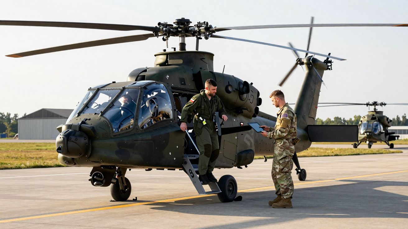 Helicóptero militar verde com piloto a sair e soldado em uniforme a consultar tablet na pista de aeroporto.