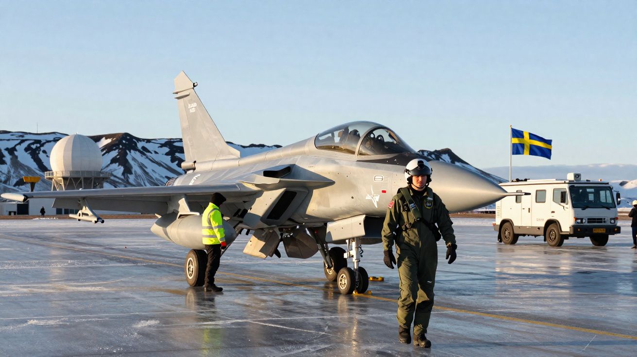 Caça militar estacionado em pista gelada com dois militares e viatura, bandeira da Suécia ao fundo.
