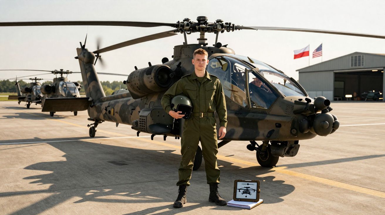 Soldado em uniforme verde com capacete na mão, em frente a helicóptero militar camuflado num aeródromo.