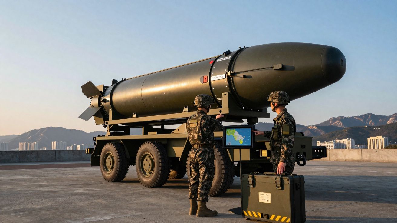 Dois soldados em uniforme militar junto a grande míssil montado num veículo em espaço aberto.