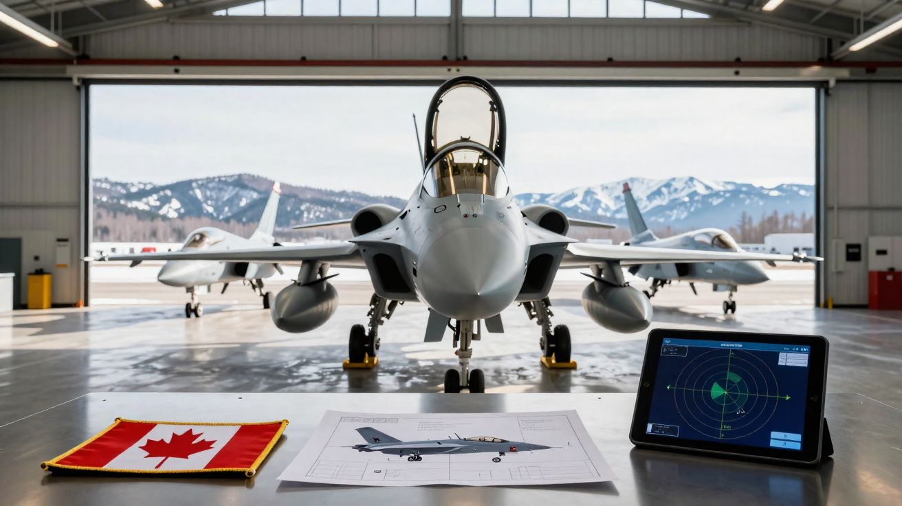 Aviões militares em hangar com montanhas ao fundo, mesa com bandeira do Canadá, planta e ecrã radar.