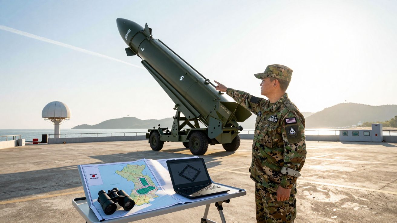 Soldado em uniforme militar aponta para míssil em plataforma, com mapa, binóculos e computador portátil à frente.