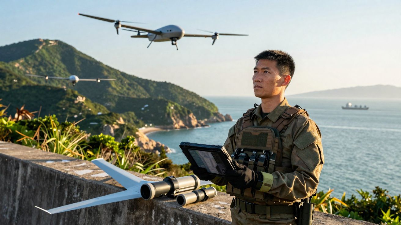 Militar com equipamento controla drones perto do mar e colinas ao fundo.