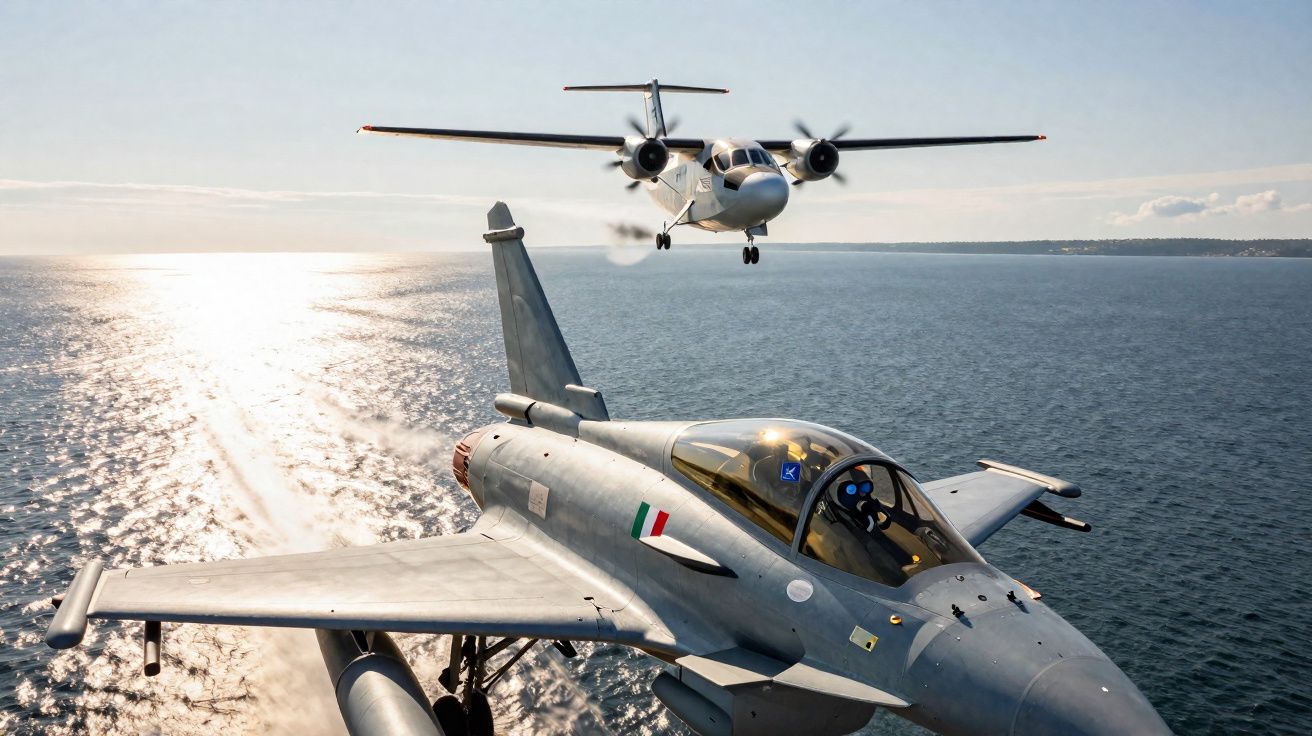 Caça militar em voo baixo sobre o mar com um avião de transporte a seguir de perto ao fundo.