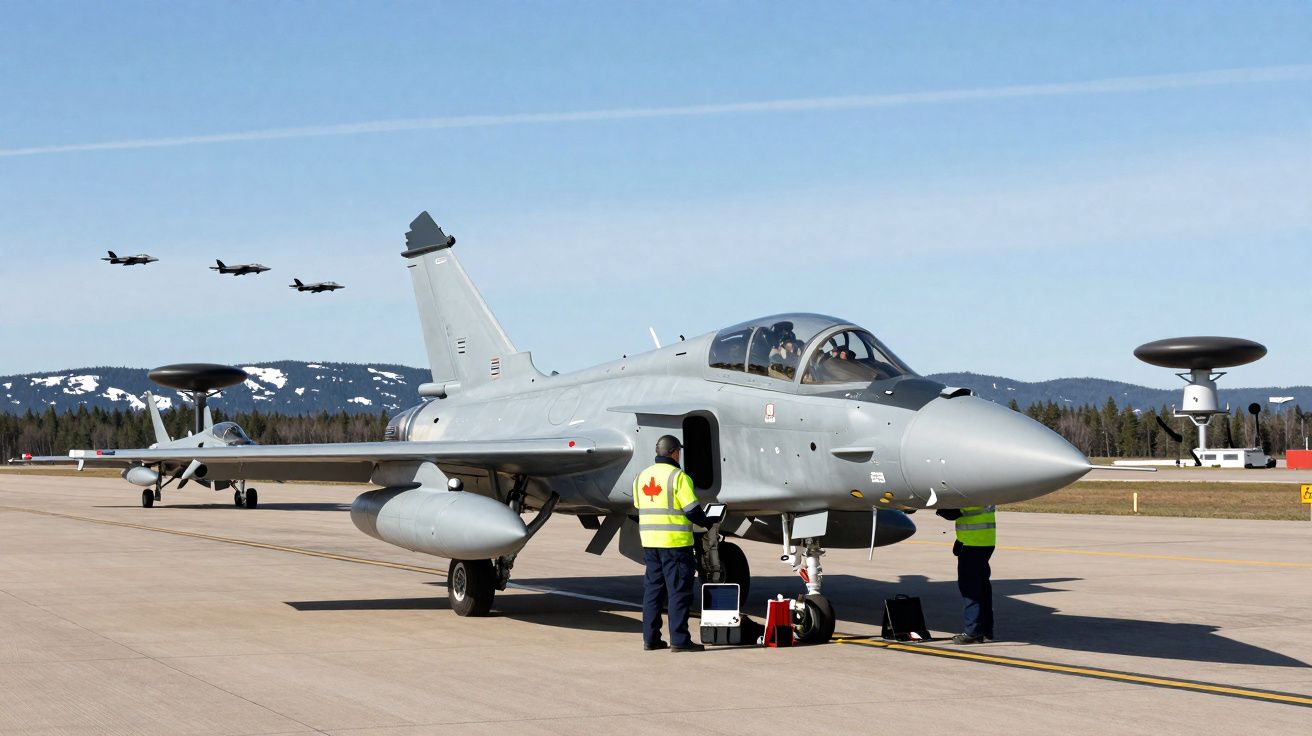 Avião de caça cinzento na pista com técnicos em coletes refletivos e outros aviões ao fundo em formação.