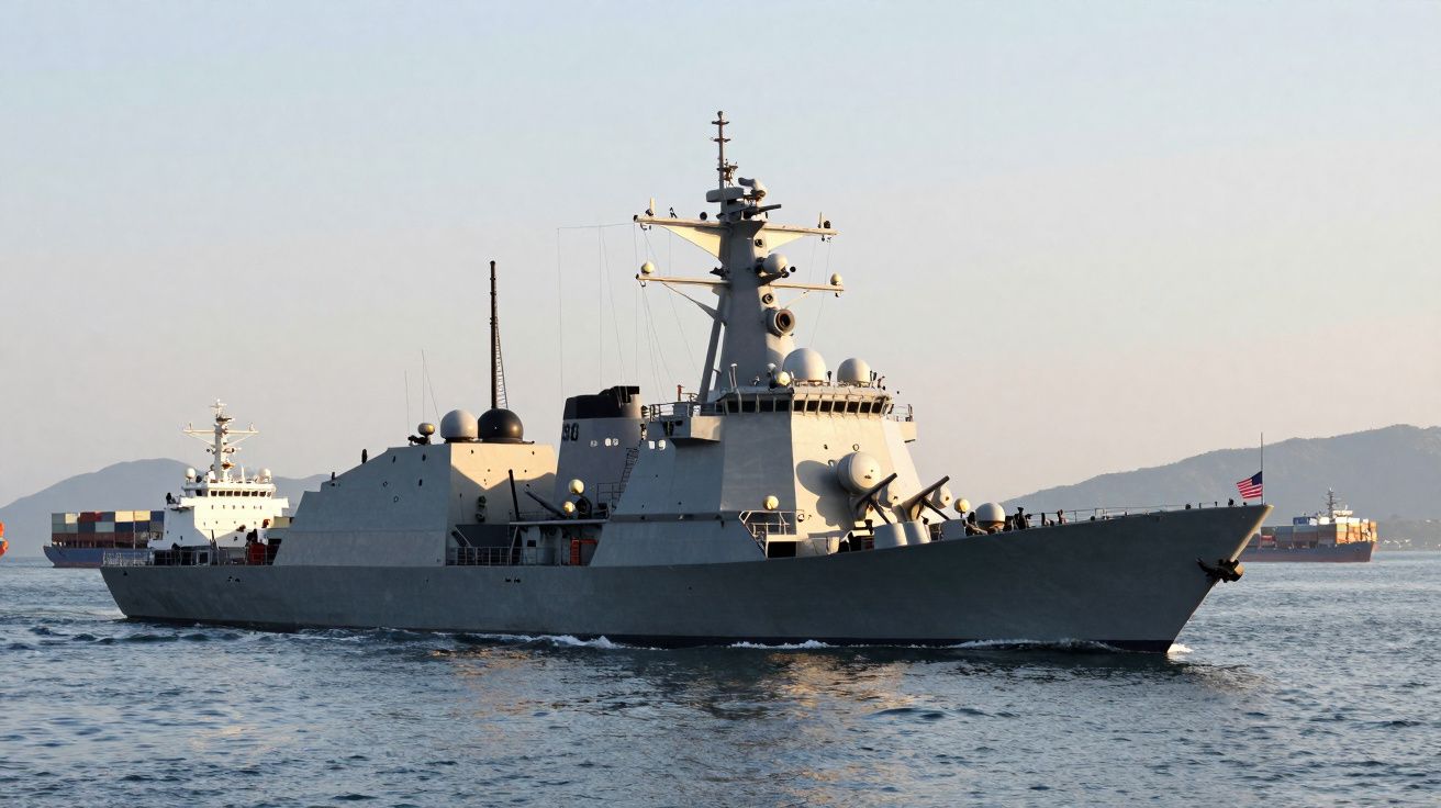 Navio militar cinzento a navegar em mar calmo com montanhas ao fundo e outro barco carregado de contentores.