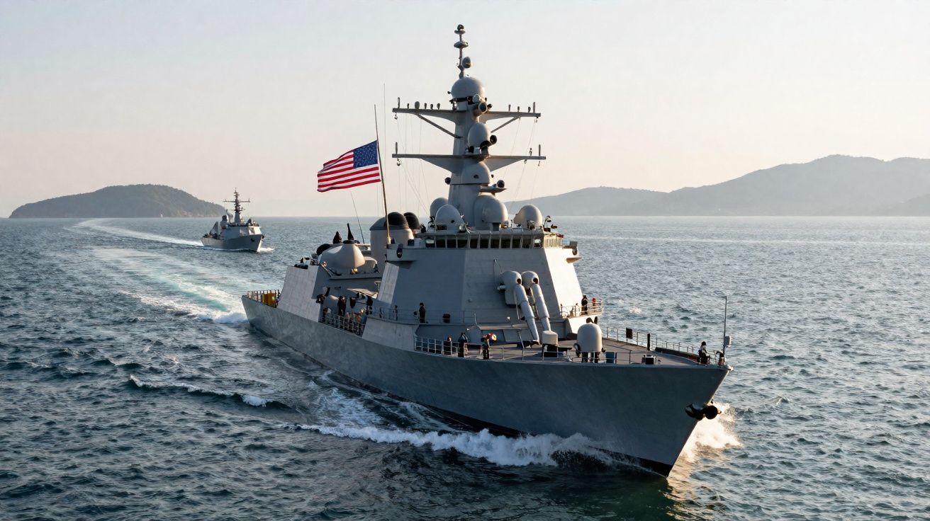 Navio de guerra americano a navegar no mar com outra embarcação ao fundo e ilhas na distância.