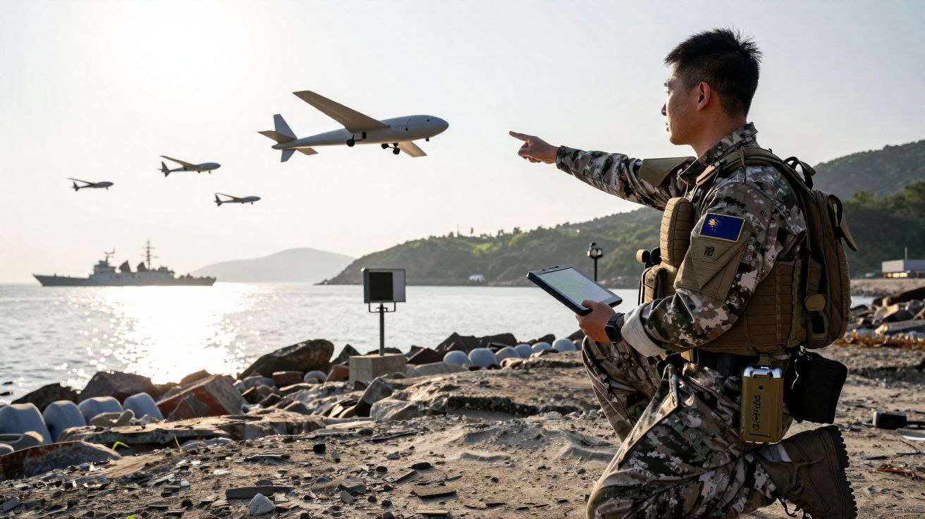 Militar asiático em uniforme camuflado com tablet, junto ao mar, observa e aponta drones voando no céu perto de um navio nava