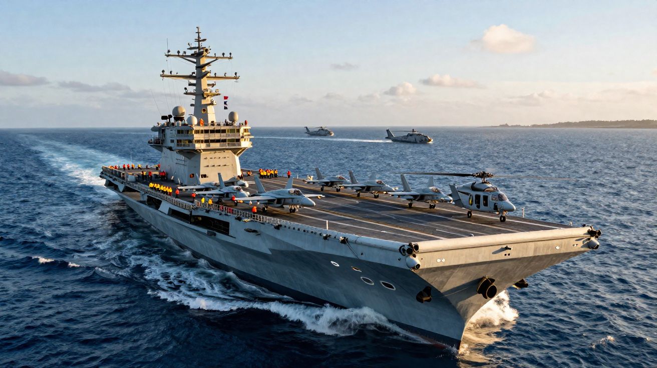 Porta-aviões militar em mar aberto com aviões e helicópteros no convés ao pôr do sol.