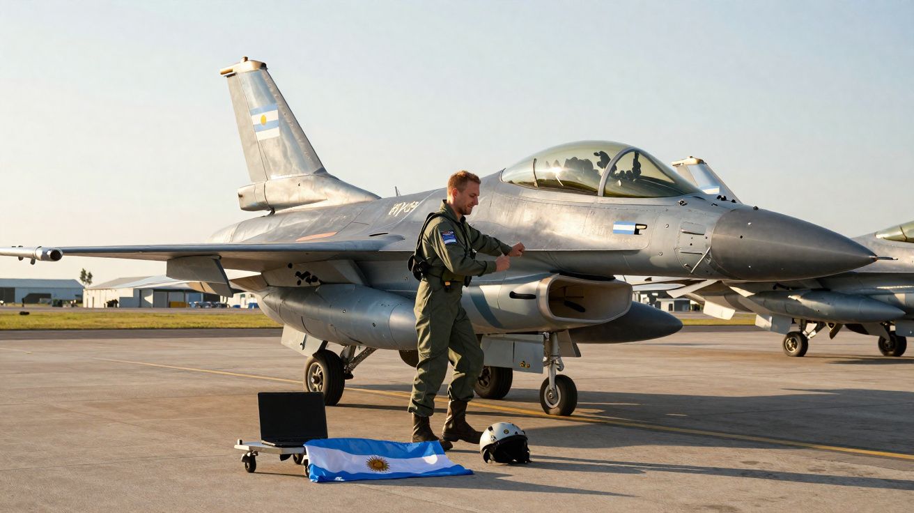 Piloto militar em fato de voo junto a caça F-16 e bandeira da Argentina no chão num aeroporto militar.