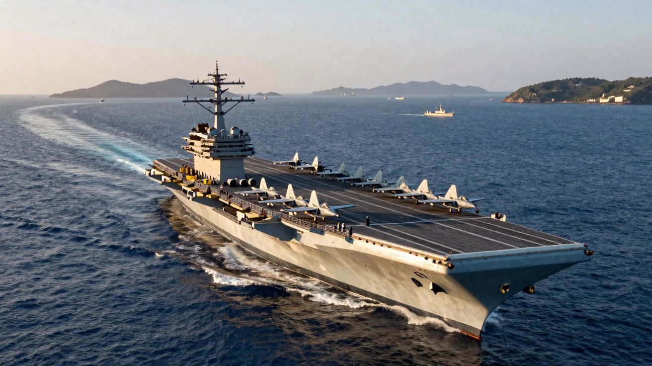 Porta-aviões militar navegando no mar com vários caças estacionados na pista de voo, ilhas ao fundo.
